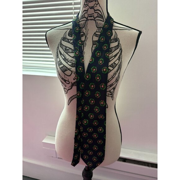 VTG 90s Holiday Christmas Navy Curious George with Wreathes Necktie - Picture 3 of 4